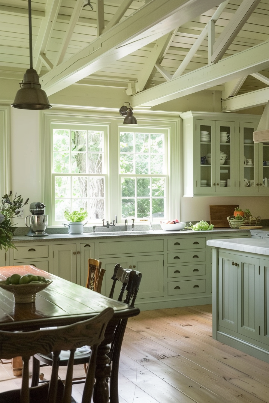 A cozy cottage kitchen with sage green cabinetry, white countertops, exposed white beams, and a wooden table set under pendant lights.