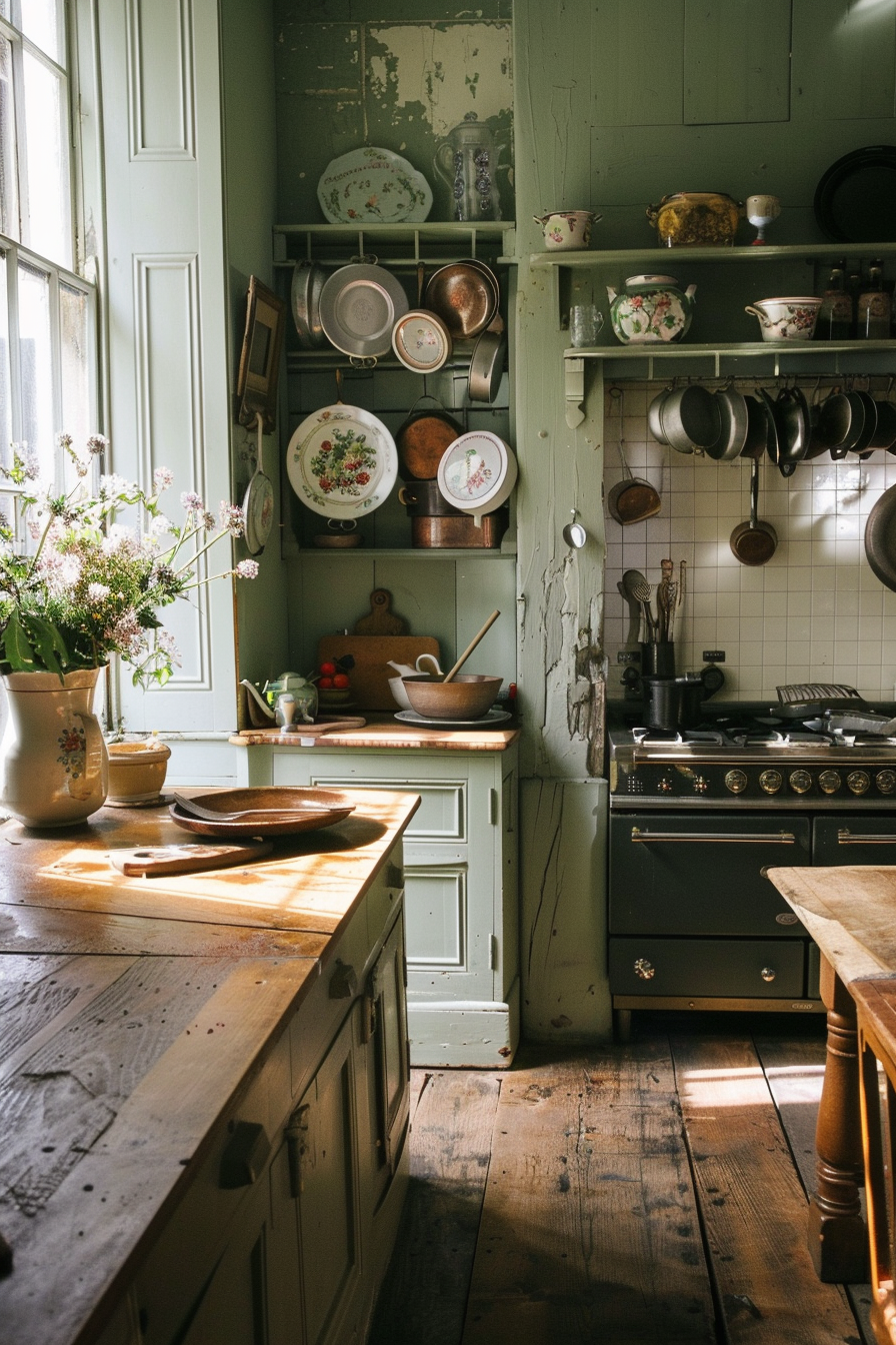 A cozy, sunlit vintage kitchen with green cabinets, copper pans, wooden countertops, and a vase of wildflowers by the window.