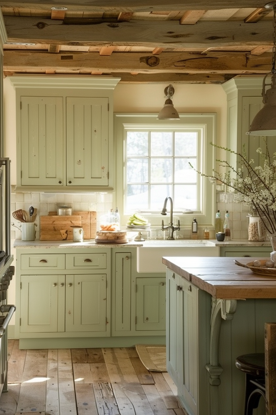 A cozy cottage-style kitchen with pale green cabinetry, wooden countertops, exposed beams, and warm sunlight filtering through the window.