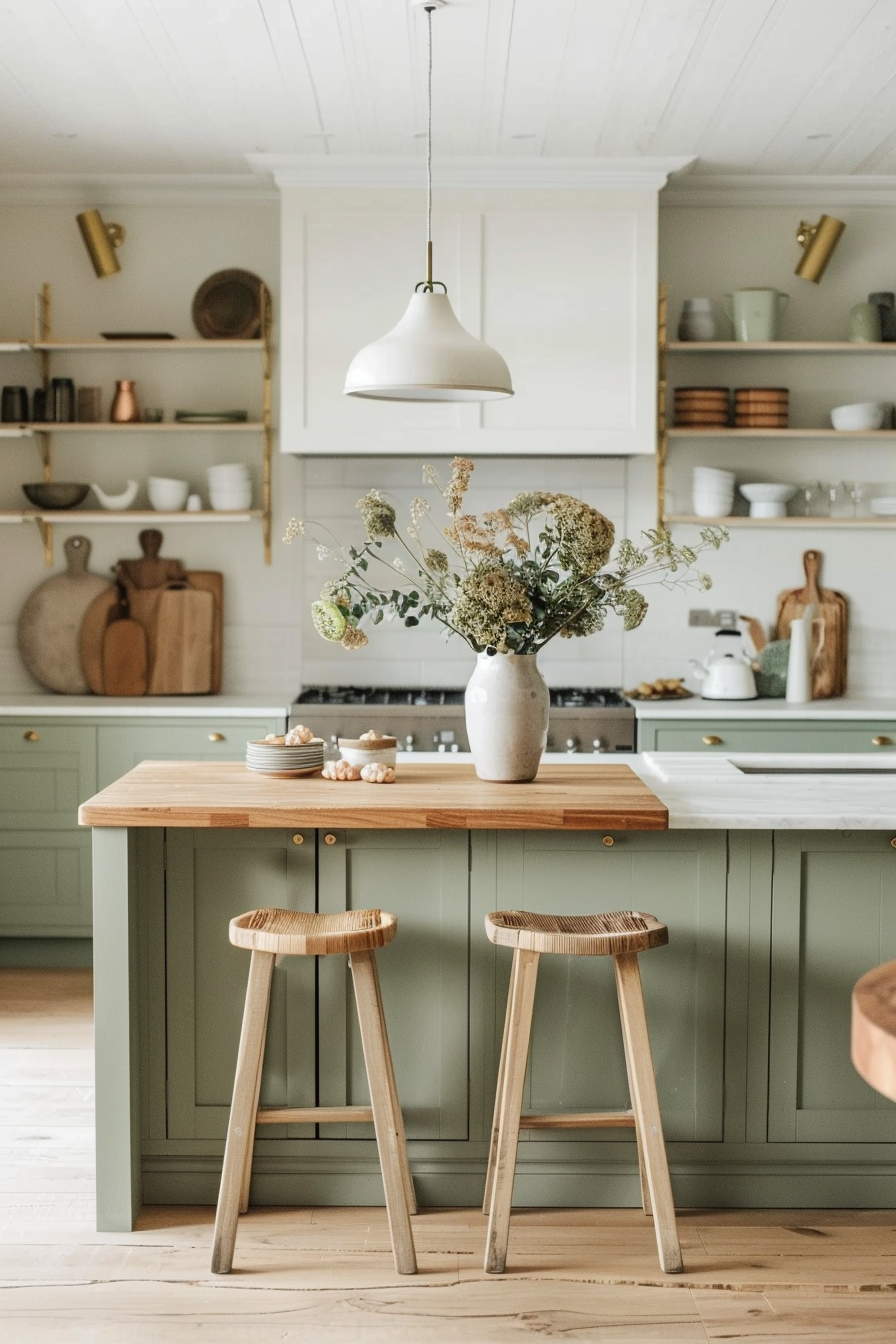 A cozy kitchen interior with a green island, wooden stools, and a vase of dried flowers under a hanging white pendant light.
