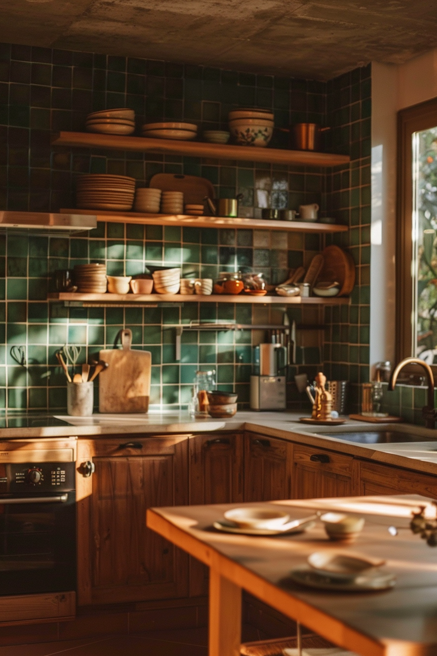 Cozy kitchen interior with warm lighting, wooden cabinets, green tiles, and neatly arranged dishes and utensils.