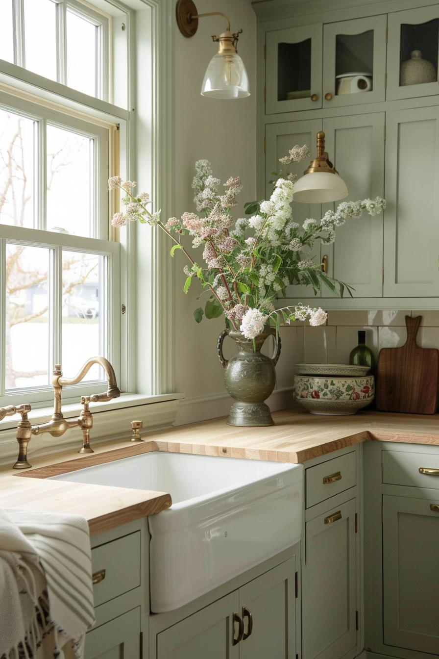A bright kitchen interior with light green cabinets, a farmhouse sink, brass fixtures, and a vase of white flowers by the window.