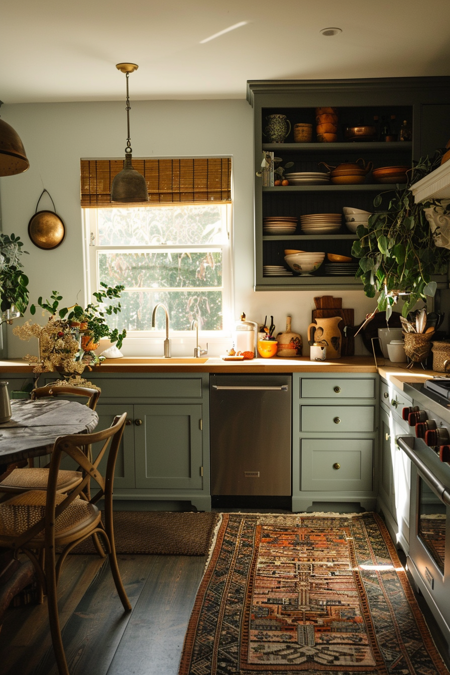 Cozy kitchen interior with warm sunlight, featuring green cabinetry, wooden countertops, plants, and a patterned rug.