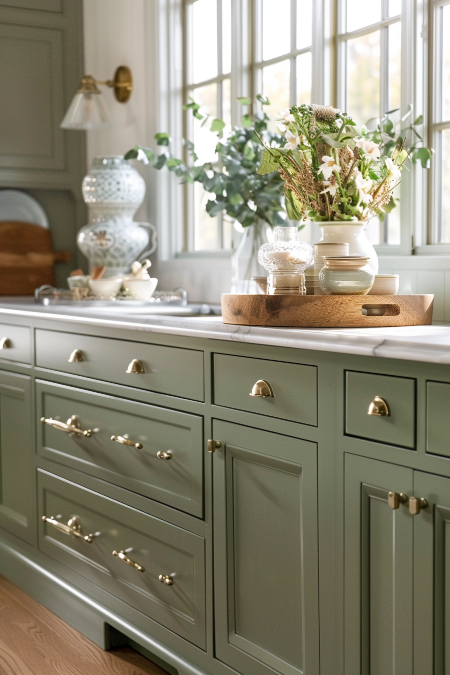 A sage green kitchen cabinet with brass handles, topped with a wooden tray holding vases and bowls by a sunny window.