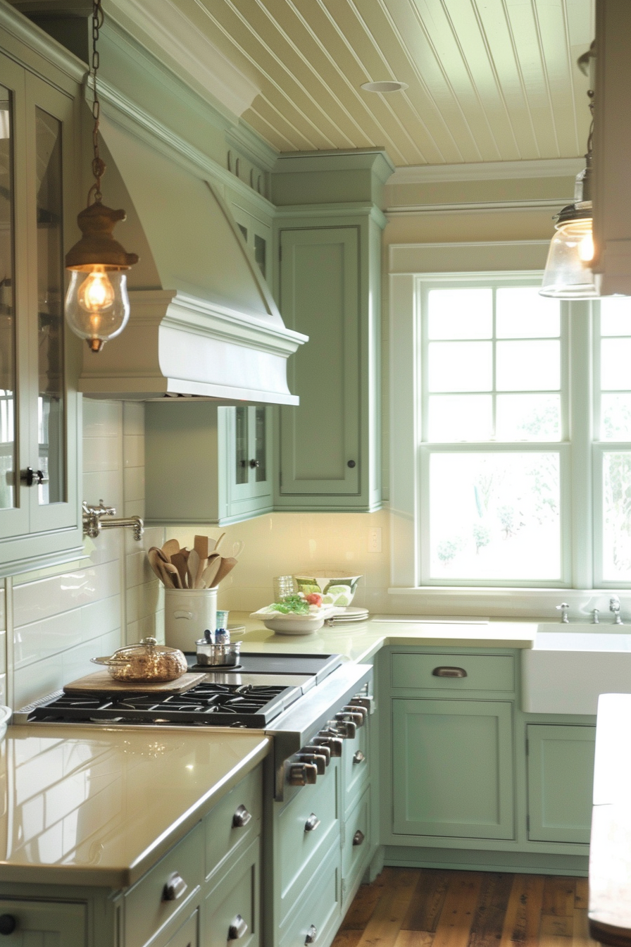 Bright, airy kitchen with pastel green cabinets, white countertops, stainless-steel stove, hanging lights, and a window.