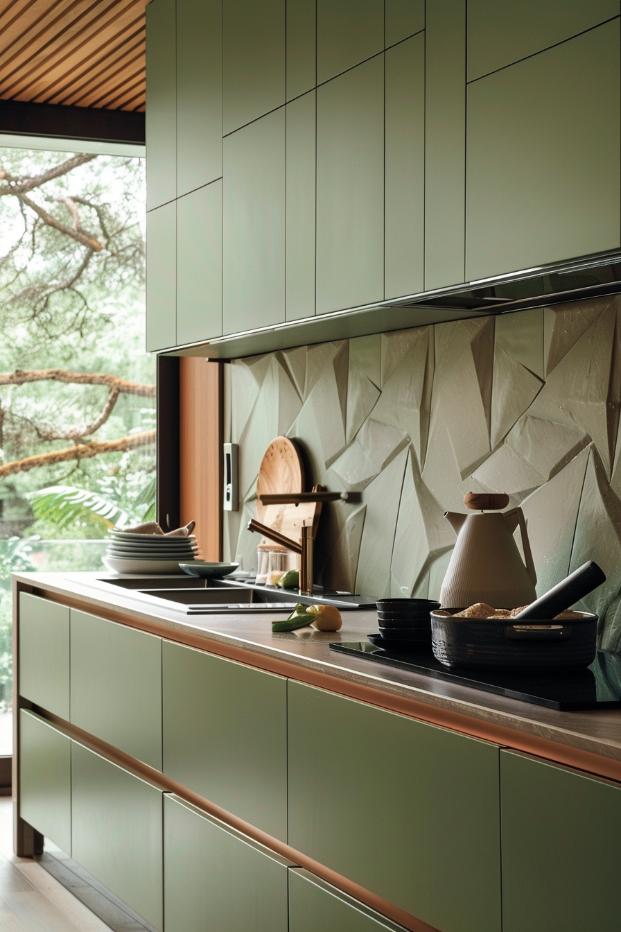 Modern kitchen interior with geometric backsplash, olive green cabinets, and a countertop with cooking utensils.