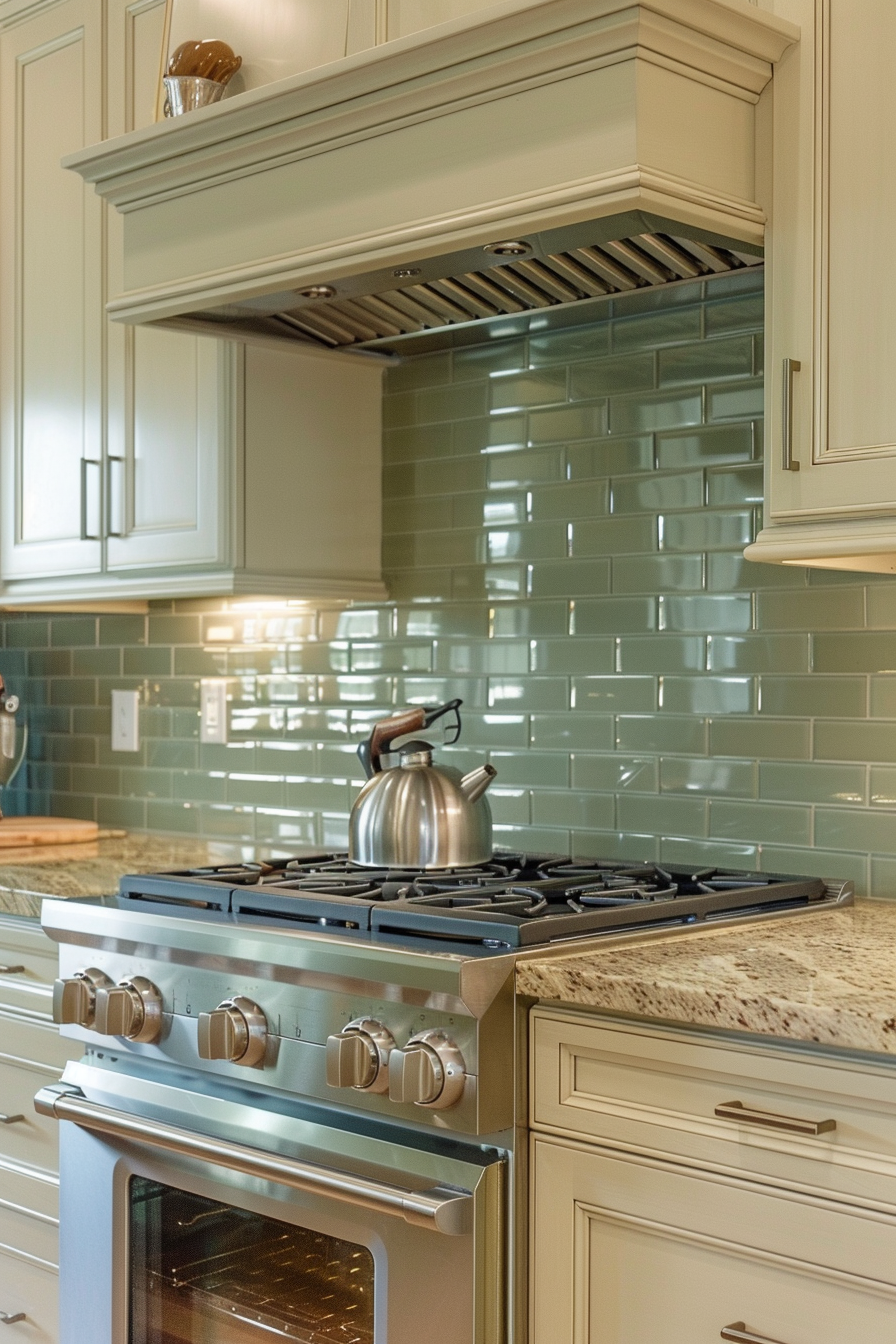 Modern kitchen with stainless steel stove and kettle, green subway tile backsplash, and cream cabinets.