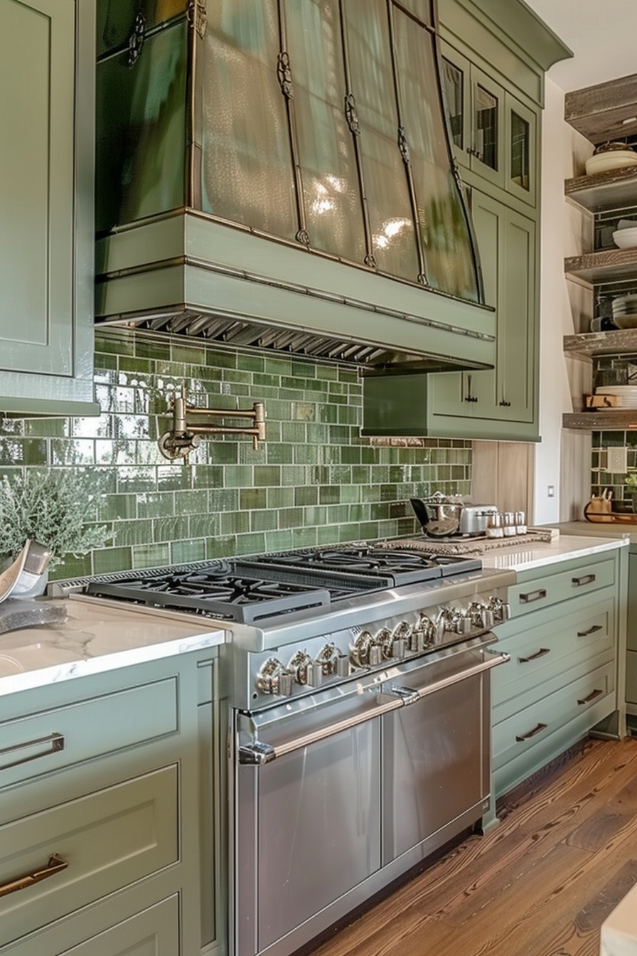 A modern kitchen with olive green cabinets, stainless steel stove, and green subway tile backsplash.