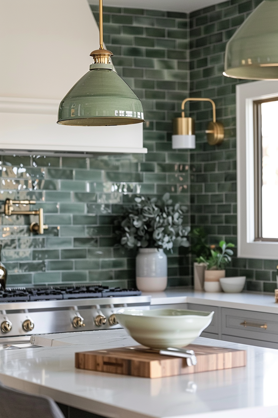 A modern kitchen with green subway tile backsplash, brass accents, white countertops, and elegant pendant lights.