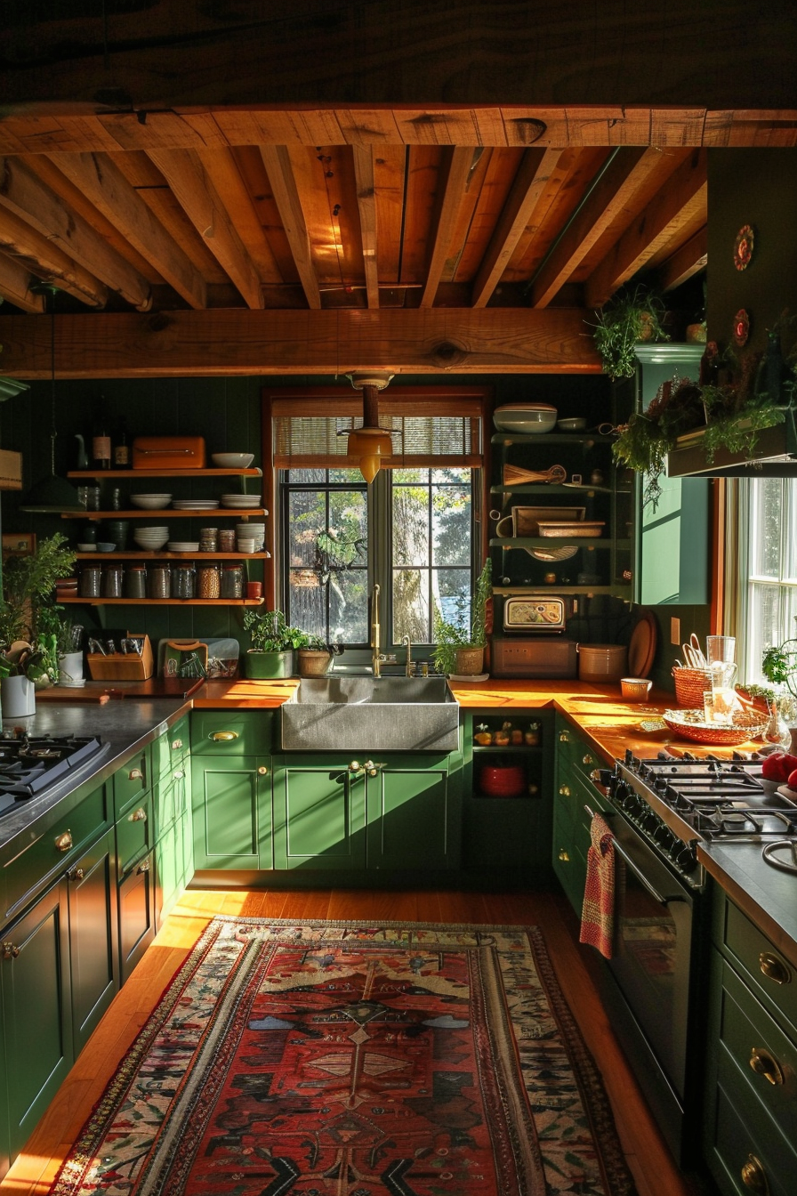 Cozy kitchen interior with green cabinets, wooden beams, sunlit windows, and a colorful rug on hardwood floor.