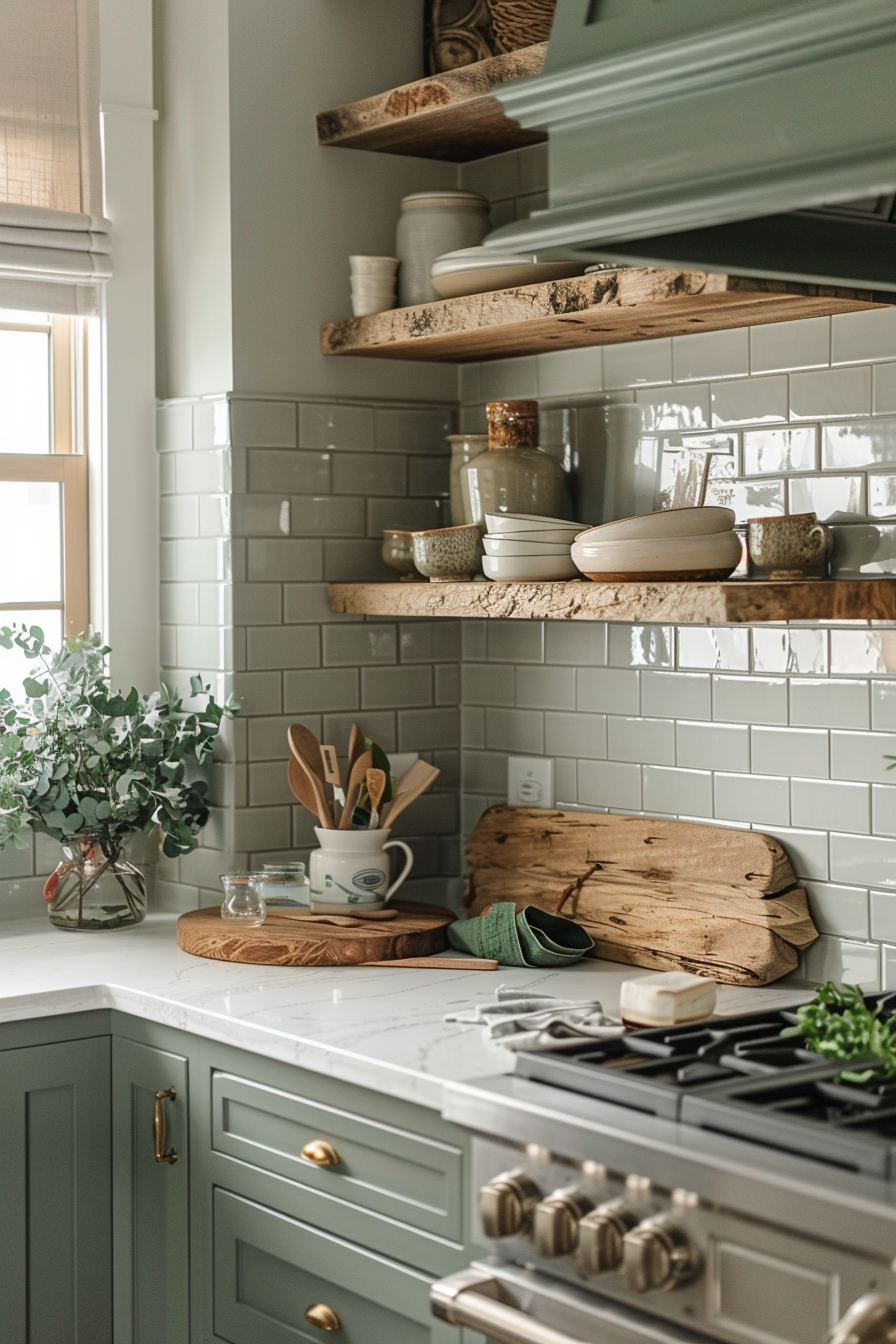 A cozy kitchen corner with olive green cabinetry, white subway tiles, floating wooden shelves, and kitchen utensils on the counter.