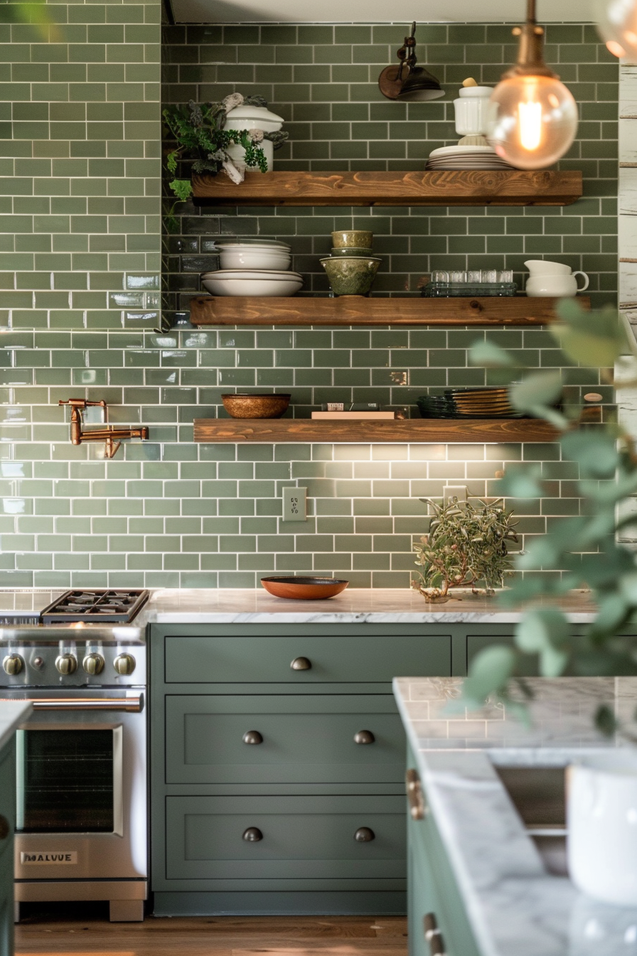 A stylish kitchen with olive green subway tiles, wooden shelves, a marble countertop, and modern appliances.