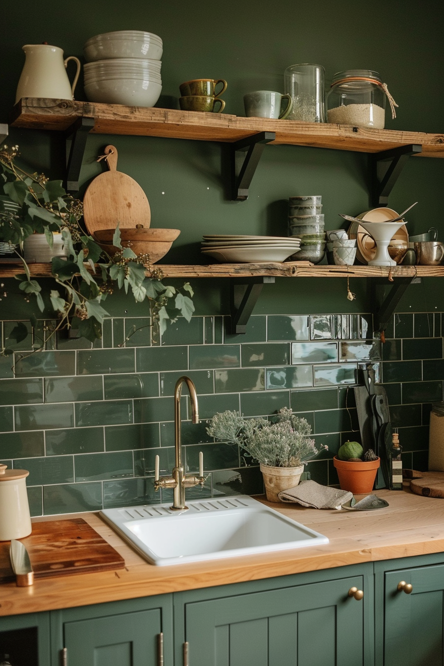 ALT: A cozy home kitchen with wooden shelves, green tile backsplash, and matching cupboards filled with various dishes and plants.