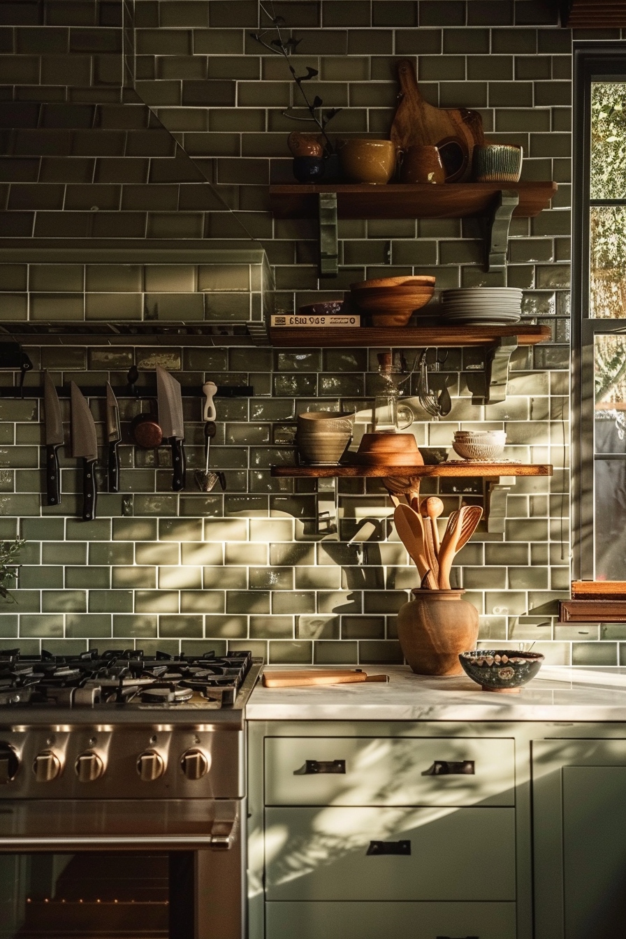 Modern kitchen with sunlight casting shadows on a wall of subway tiles, wooden shelves with pottery, and a stainless steel stove.