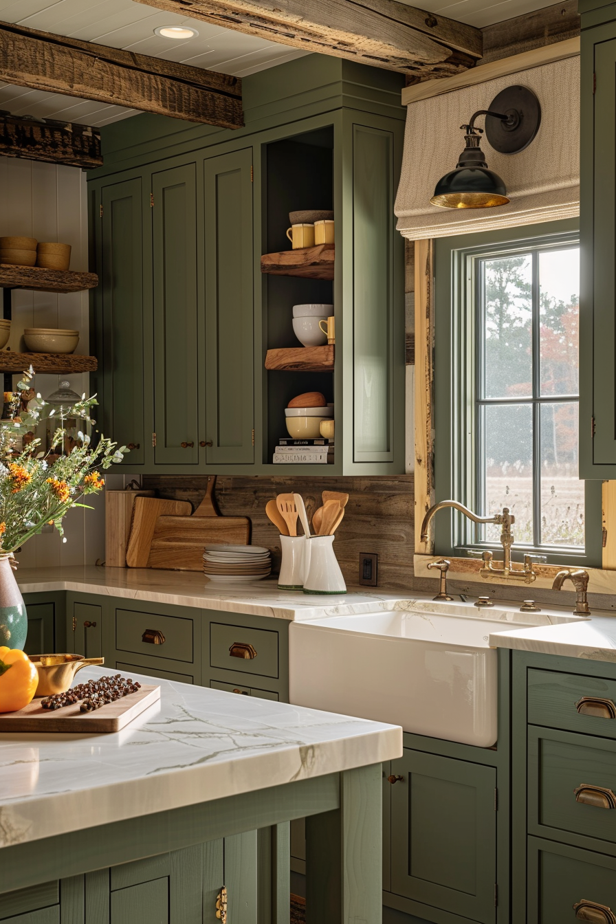A cozy kitchen with olive green cabinets, wooden accents, a farmhouse sink, and copper fixtures, basking in warm sunlight.