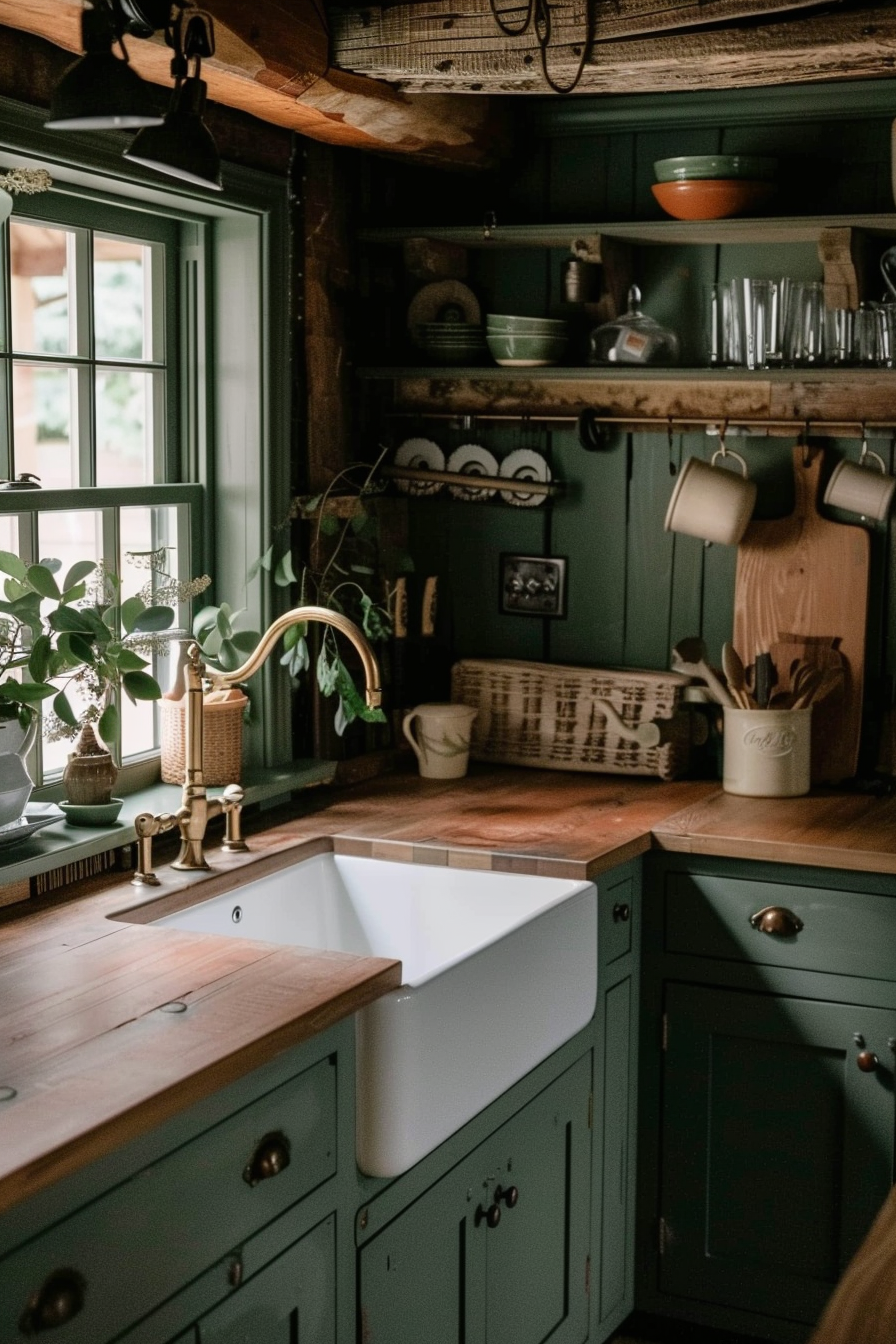 Rustic kitchen interior with green cabinets, wooden countertops, a farmhouse sink, and shelves with dishes and plants.