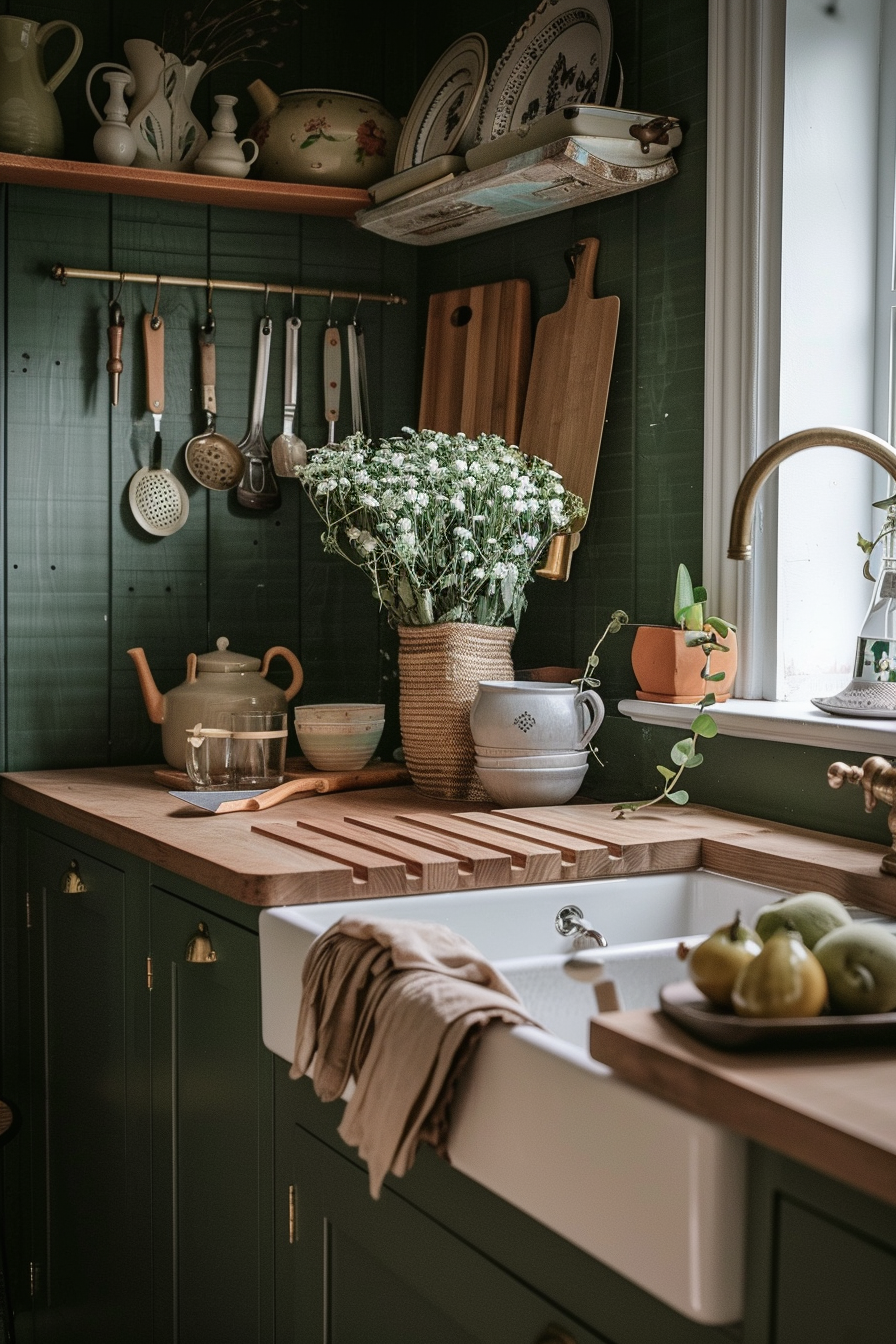 A cozy kitchen corner with green cabinets, wooden countertops, hanging utensils, and a vase of white flowers on the window sill.