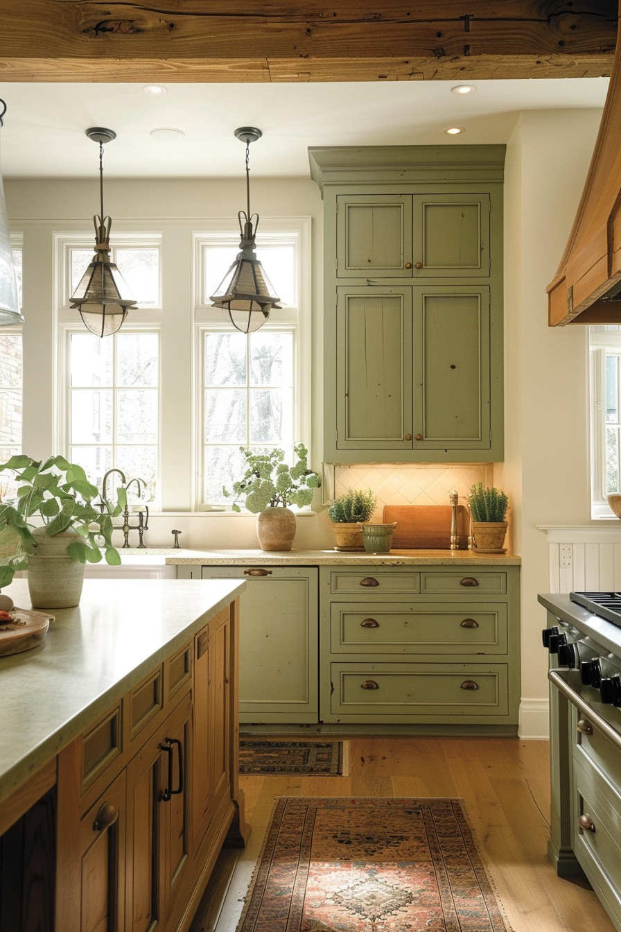 Cozy kitchen interior with green cabinets, wooden ceiling beams, pendant lights, and plants by window.