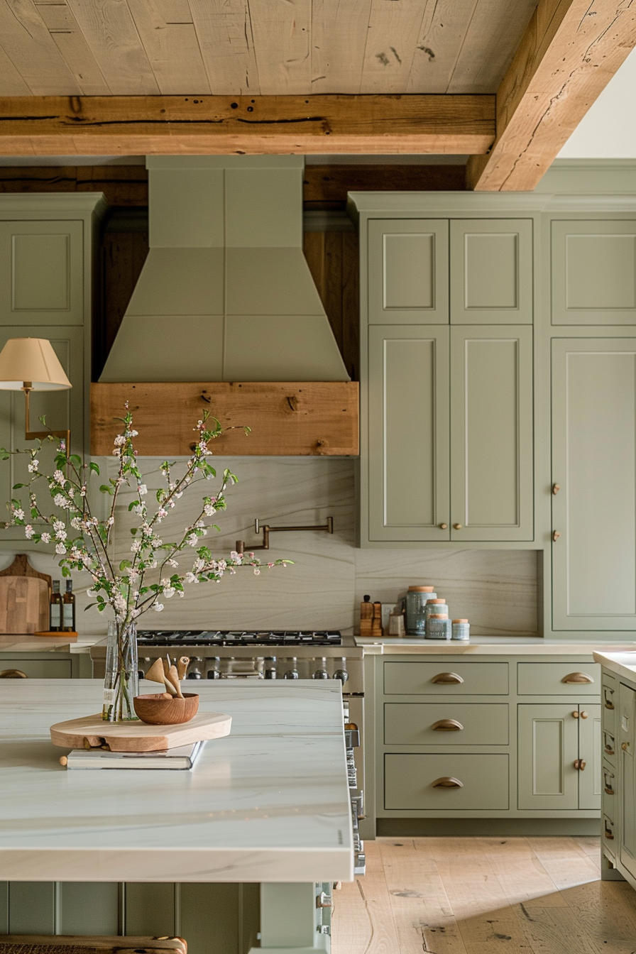 Elegant kitchen interior with sage green cabinetry, wooden countertop island, and blooming branches in a vase.