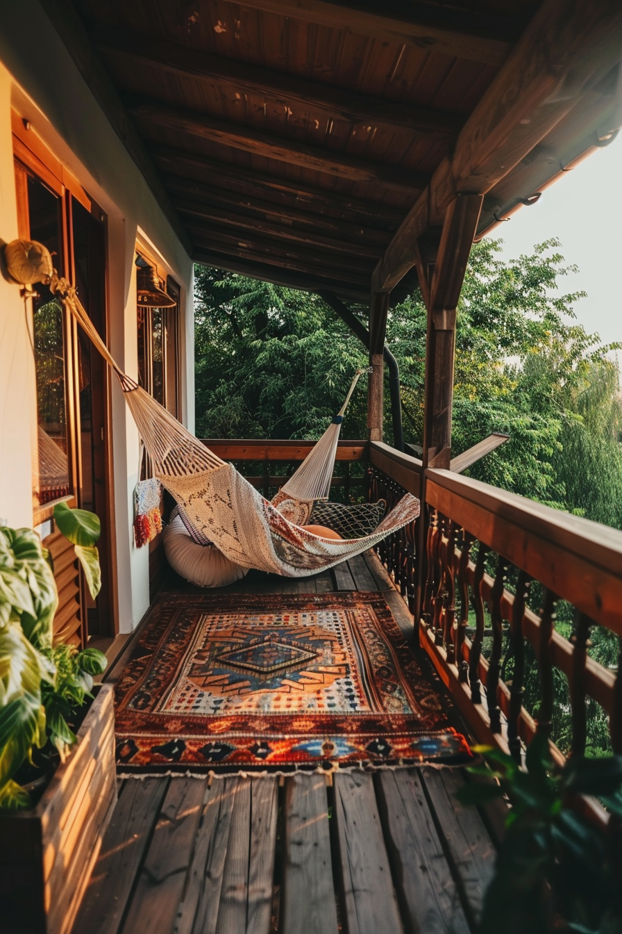 A serene balcony with a woven hammock, patterned rug, and lush greenery in the background at sunset.