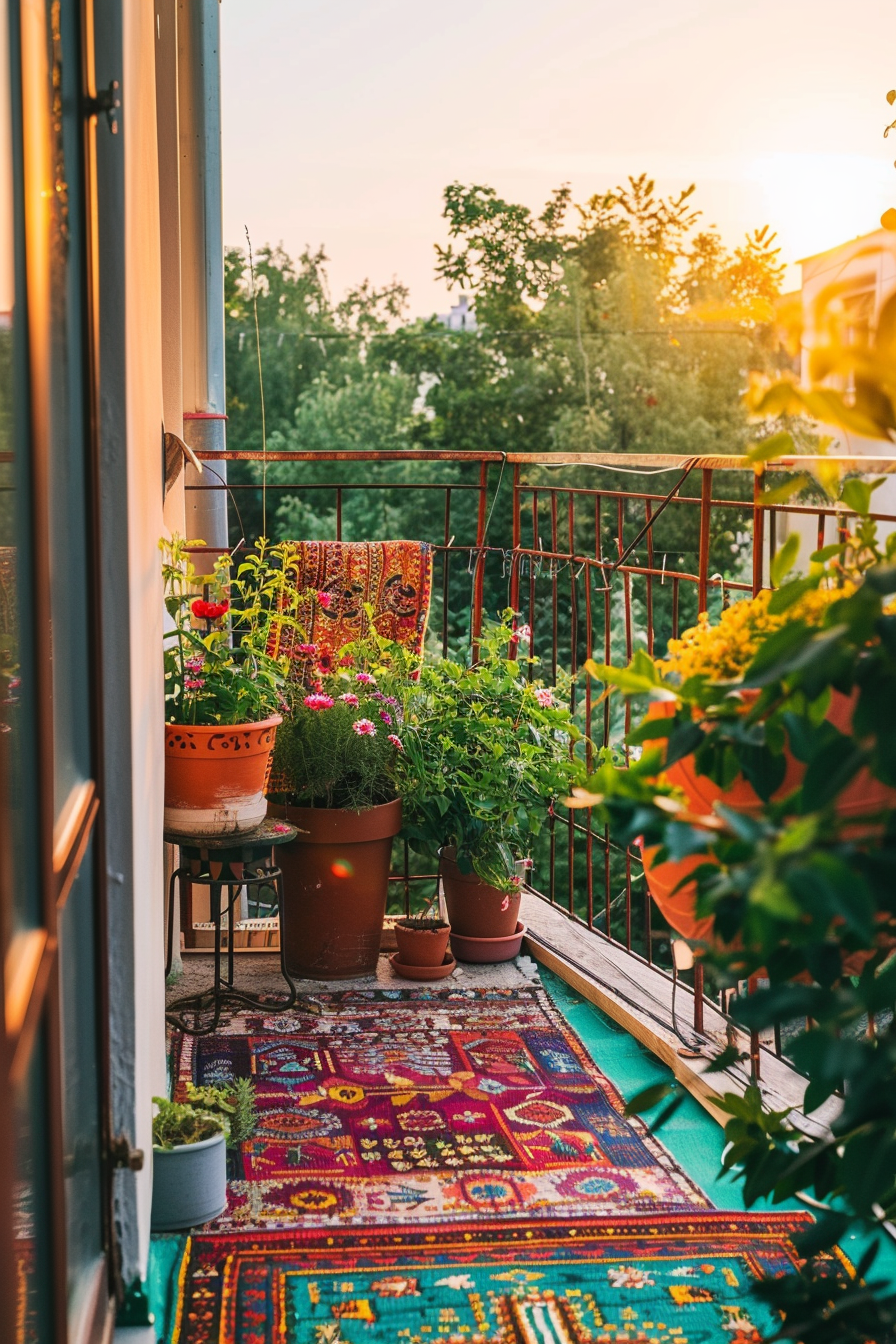A cozy balcony adorned with colorful patterned rugs and various potted plants, basking in the warm glow of a sunset.
