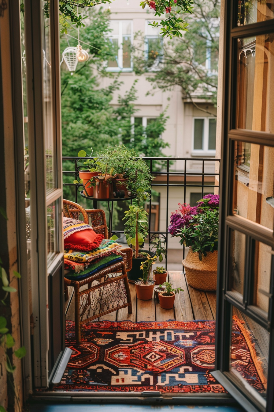 ALT: Cozy balcony adorned with colorful plants, patterned rug, and a wicker chair with vibrant cushions, viewed from an open door.