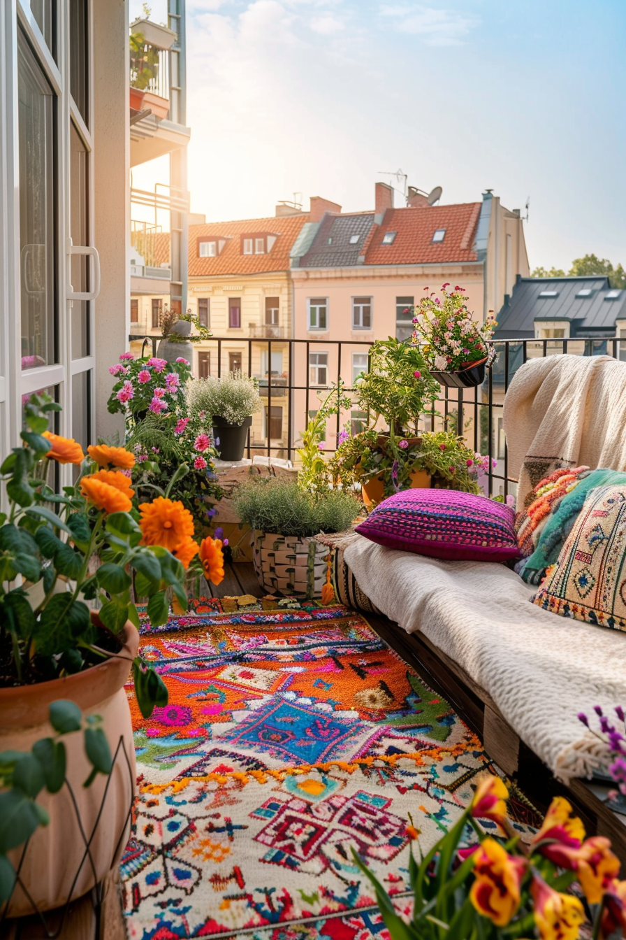 Cozy balcony with colorful rug, plants, and cushions overlooking European-style buildings on a sunny day.