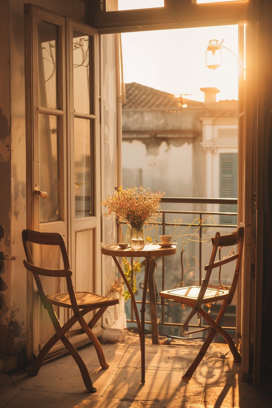 A cozy balcony with two wooden chairs and a round table, carrying a vase of wildflowers, bathed in warm, golden sunlight.