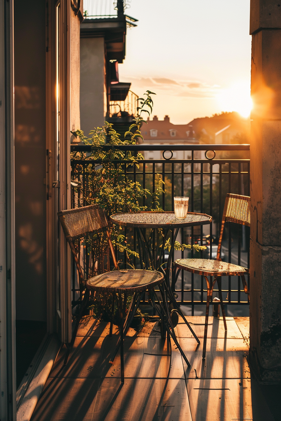 Cozy balcony with wicker chairs and table bathed in warm sunlight during a serene sunset, overlooking rooftops.