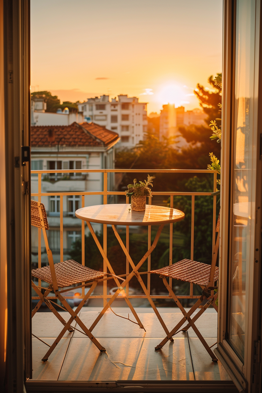 A cozy balcony with a table and chairs basking in the warm glow of a sunset, overlooking city buildings.