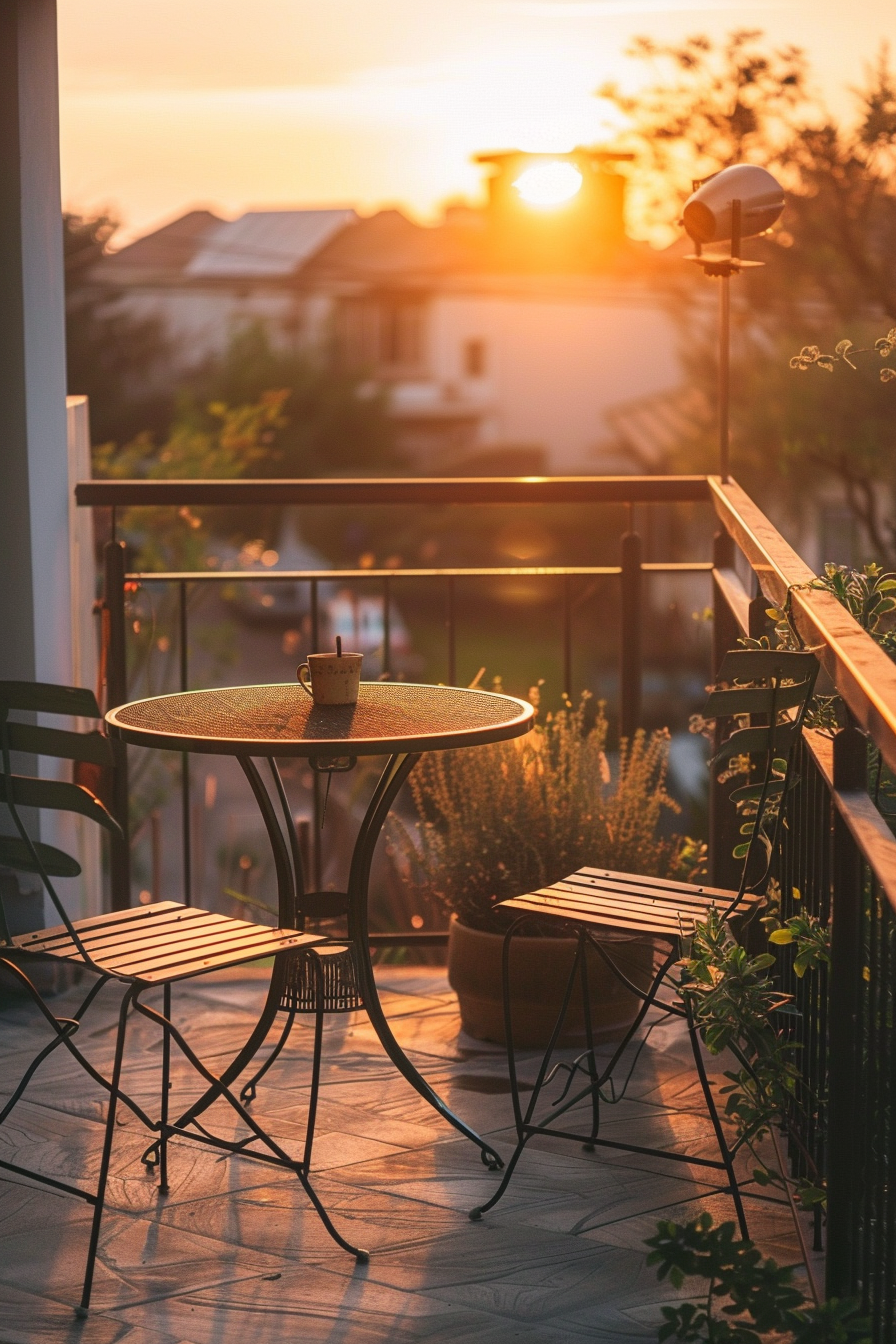 ALT: A cozy balcony setting with a table and two chairs at sunset, coffee cup on table, overlooking a neighborhood with the sun dipping low.