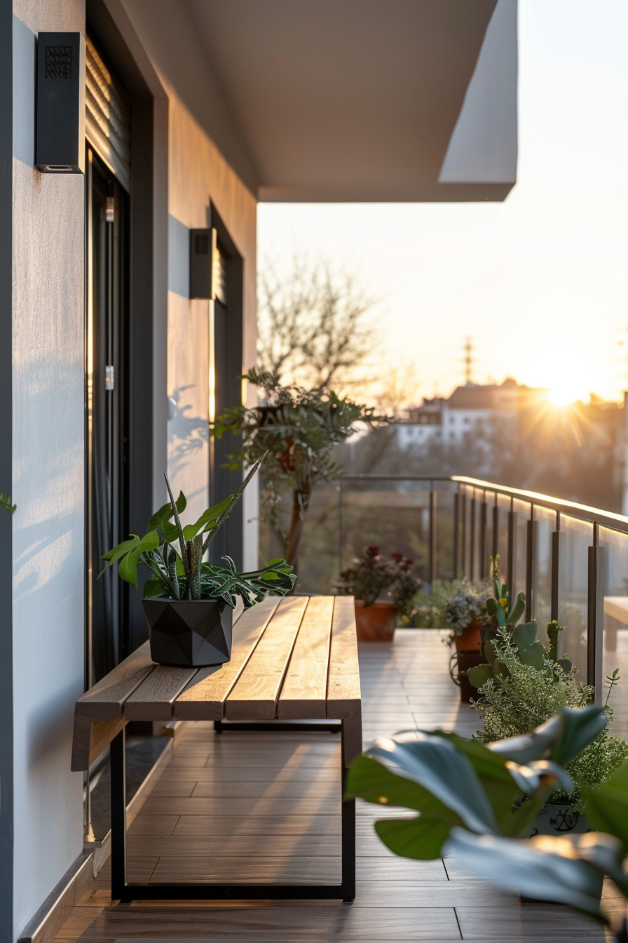 ALT: A cozy balcony at sunset, with wooden flooring, potted plants, and modern furniture, overlooking a serene urban view.