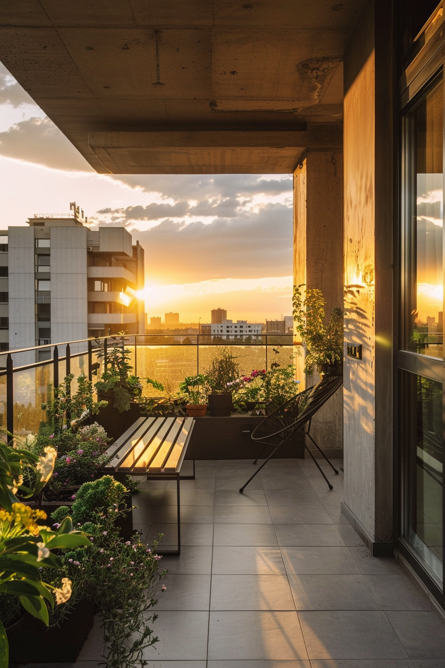 Sunset view from a cozy city balcony with plants and a bench, casting warm light and shadows on the tiles.