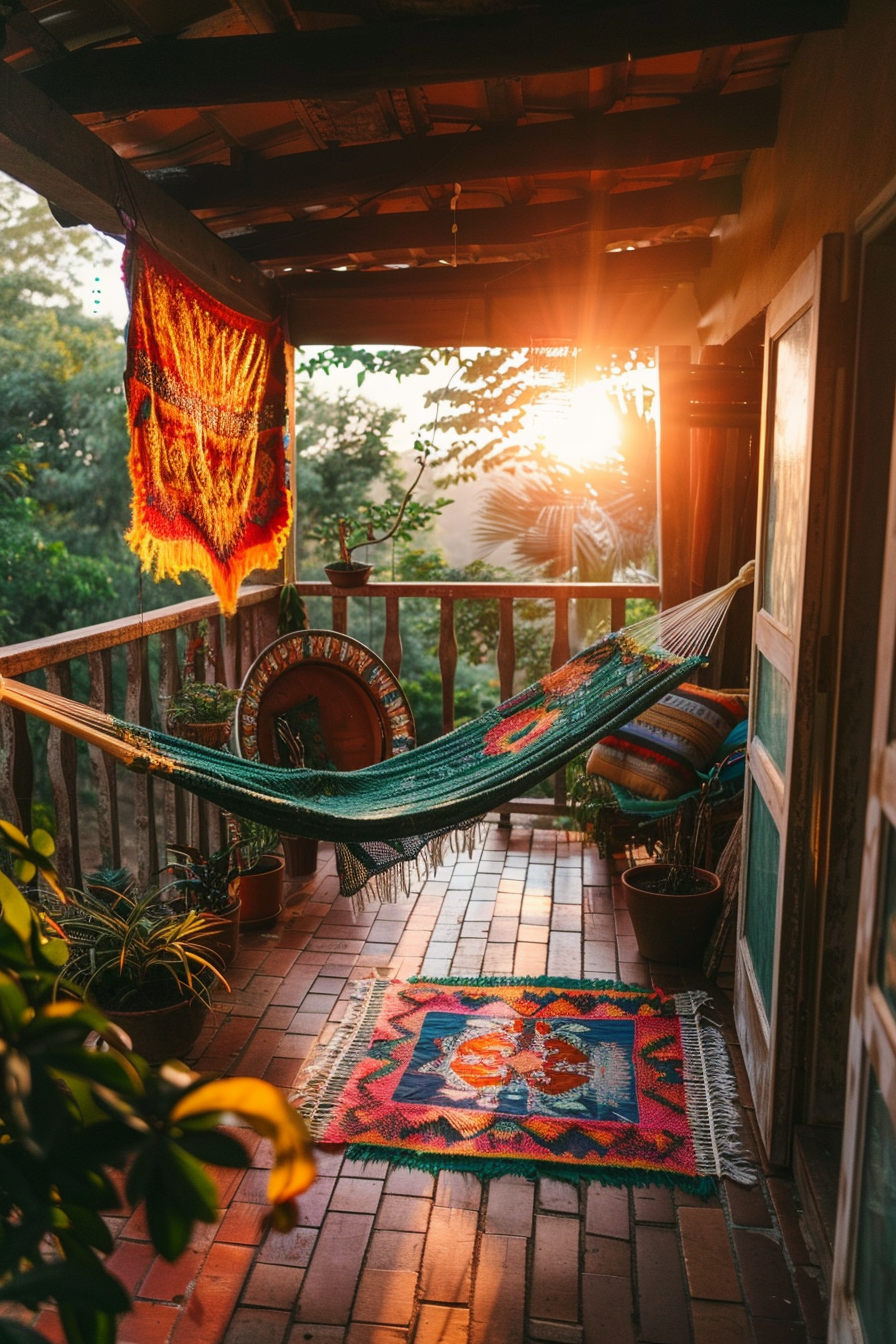Sunset view from a cozy porch with a green hammock, colorful rugs, potted plants, and wooden furniture, evoking a warm, relaxing ambiance.