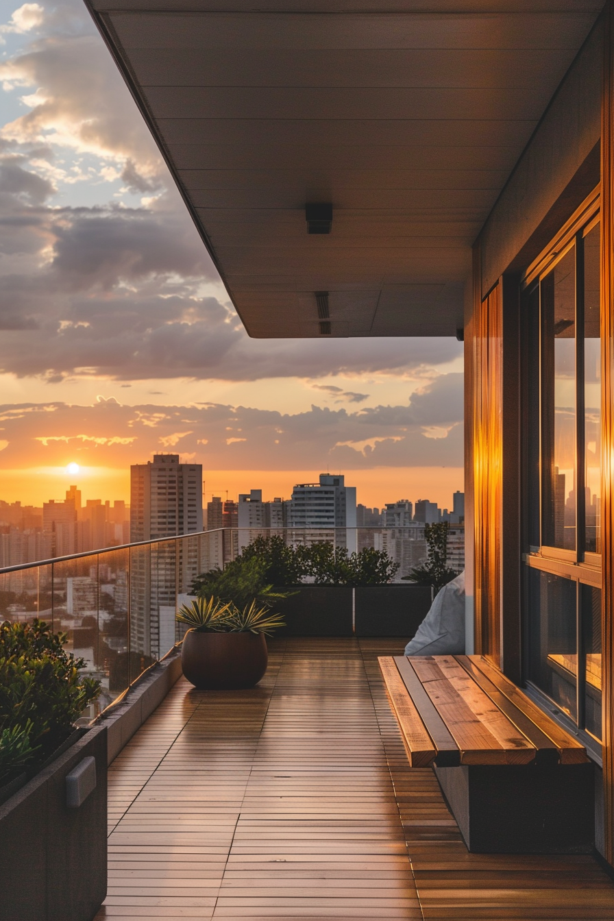 A cozy balcony with wooden flooring, bench, and potted plant, overlooking a cityscape at sunset.