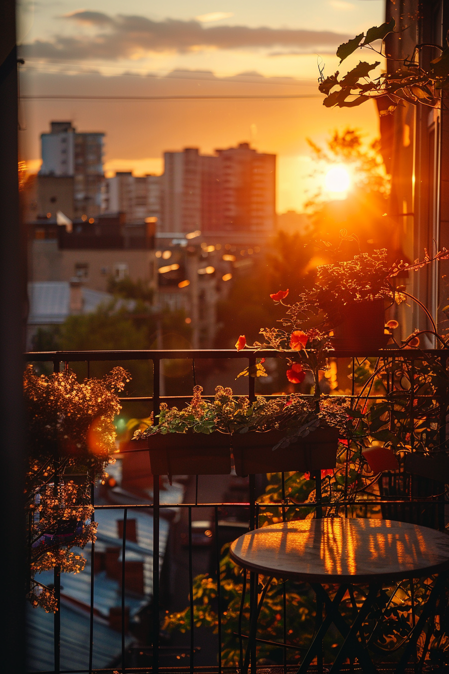 A cozy balcony adorned with plants overlooking a cityscape basks in the golden glow of a setting sun.