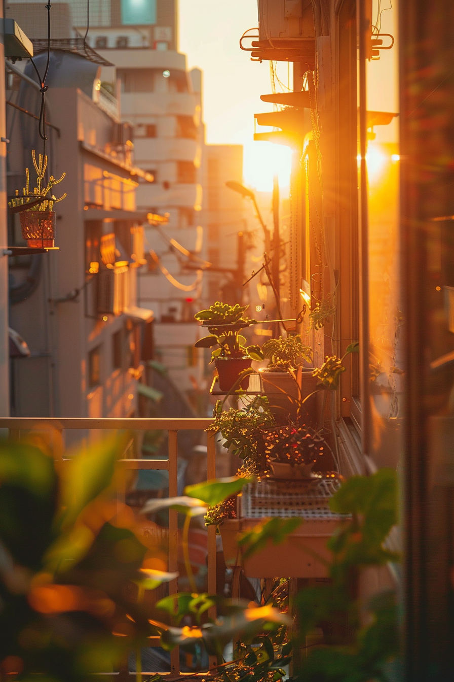 Sunset light filters through an urban balcony garden with hanging plants and potted greenery among apartment buildings.