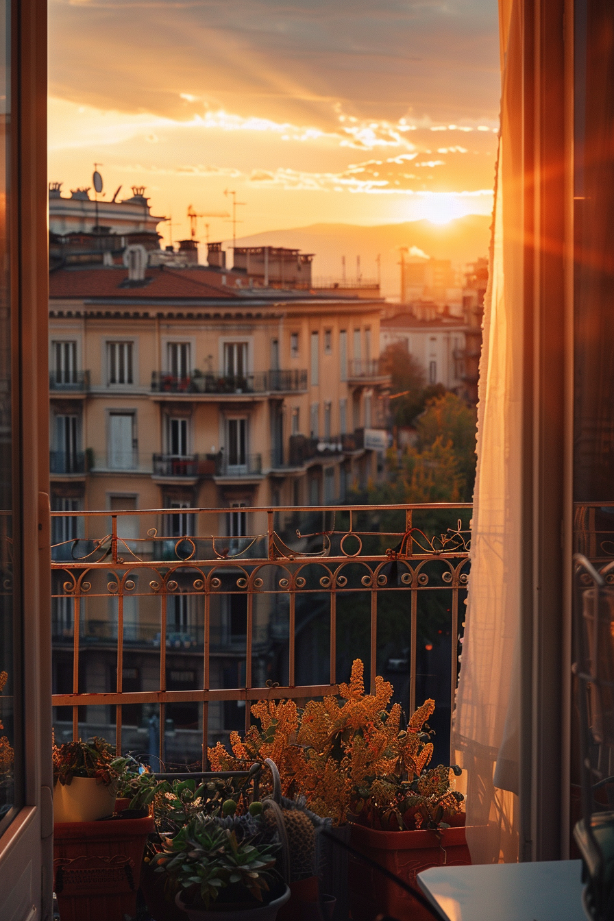 Sunset view from a balcony with potted plants overlooking a European cityscape with golden sunlight piercing through clouds.