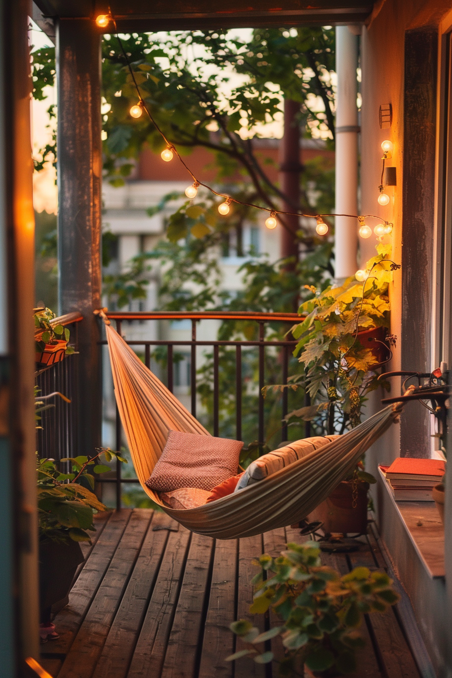 Cozy balcony with a hammock, cushions, string lights, and plants during twilight, creating a peaceful atmosphere.