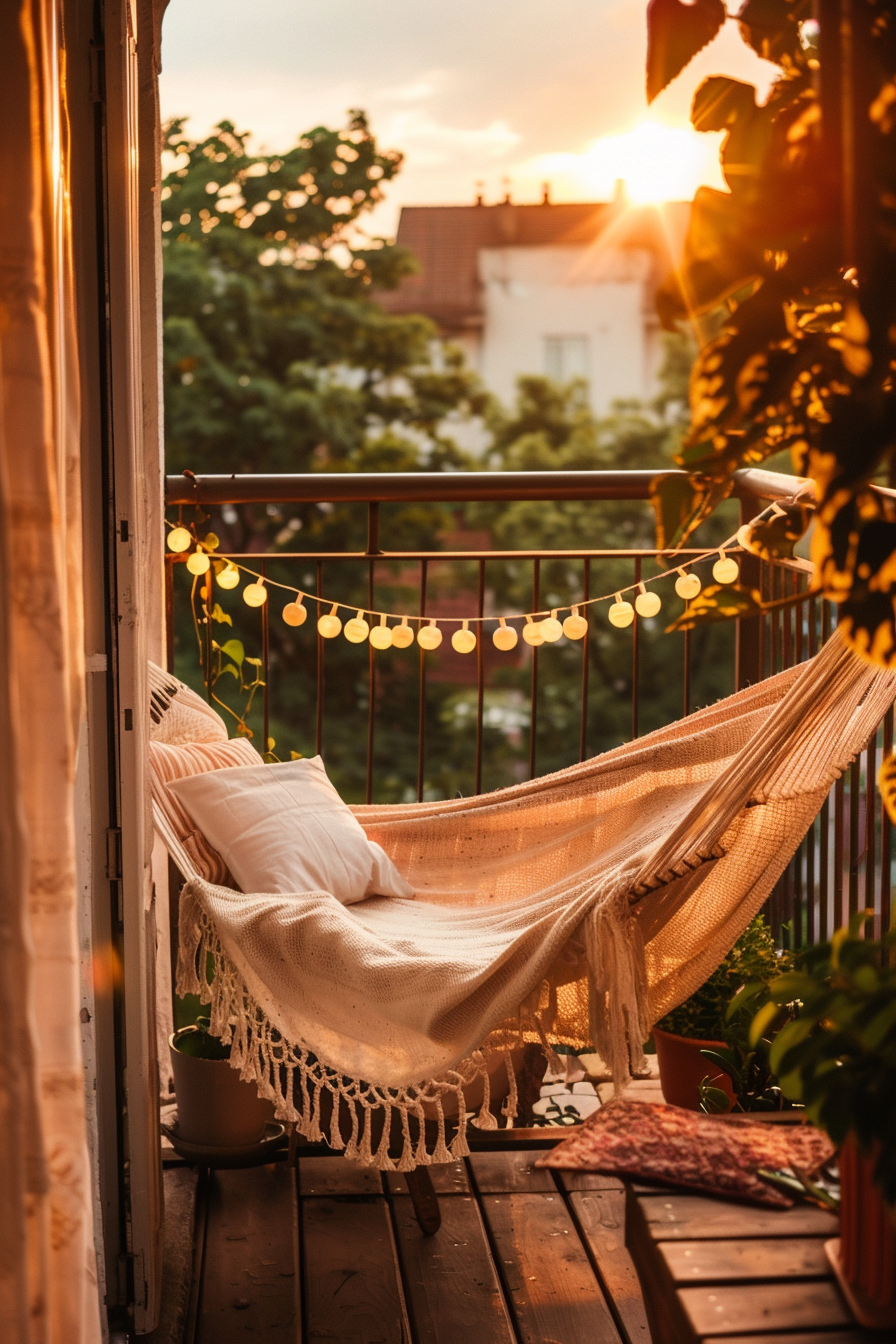 ALT: A cozy balcony with a hammock, string lights, plants, and a sunset view, creating a peaceful atmosphere.