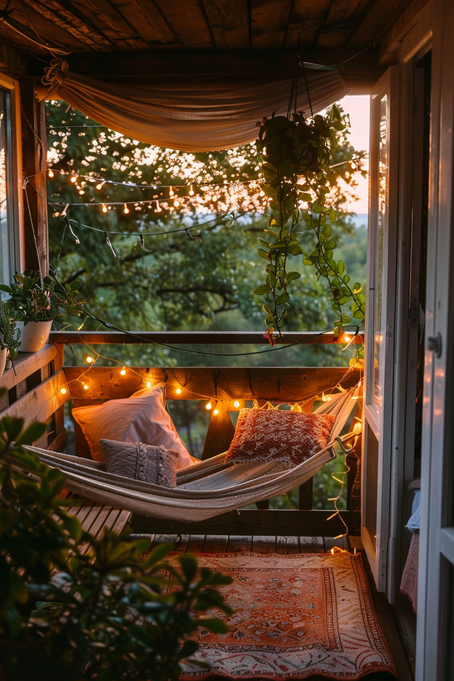 Cozy balcony with a hammock, cushions, string lights, and plants, overlooking a sunset-touched landscape.