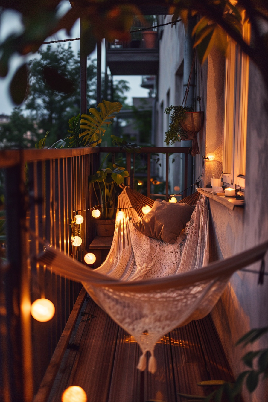 Cozy balcony with a hammock, pillows, string lights, and potted plants during twilight creating a serene atmosphere.