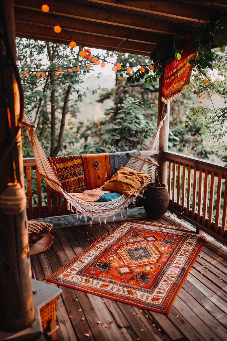 A cozy porch with a hammock, colorful cushions, patterned rugs, and string lights, set amidst lush greenery.