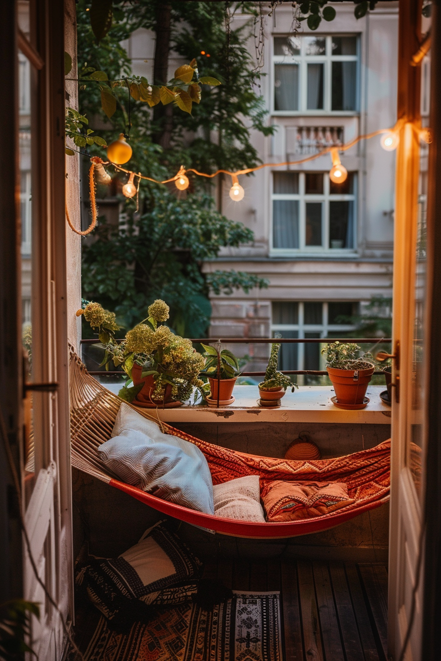 Cozy balcony with a hammock, cushions, plants, and string lights, creating an inviting outdoor space in an urban setting.