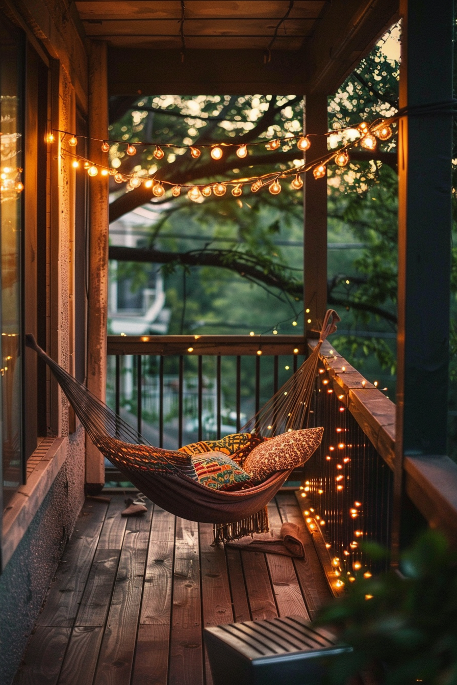 Cozy balcony with a hammock and string lights at dusk.