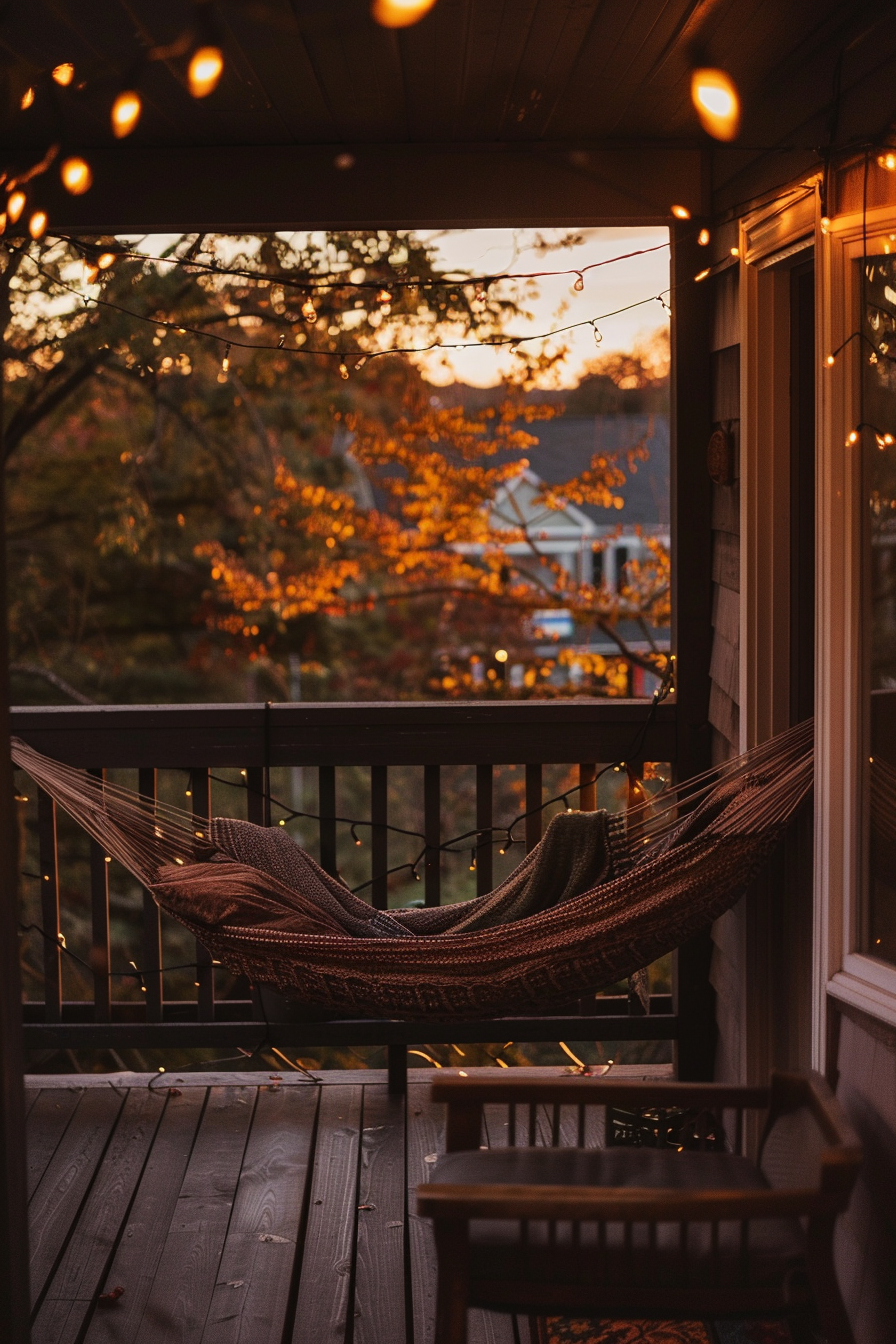 Cozy porch with a hammock and string lights at dusk, overlooking autumn trees.