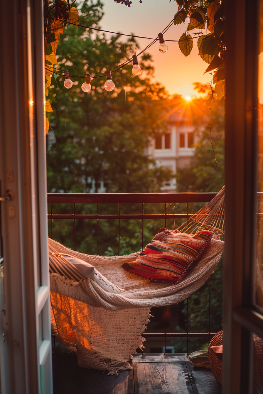 Cozy balcony with a hammock, cushions, string lights, and a sunset view through the foliage.