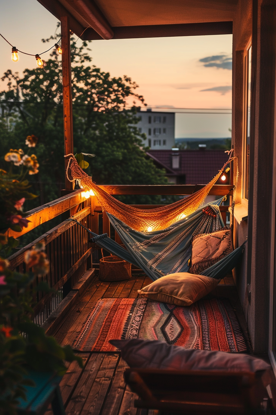 Cozy balcony at dusk with a hammock adorned with lights, decorative pillows, a rug, and a serene view of the sky and trees.