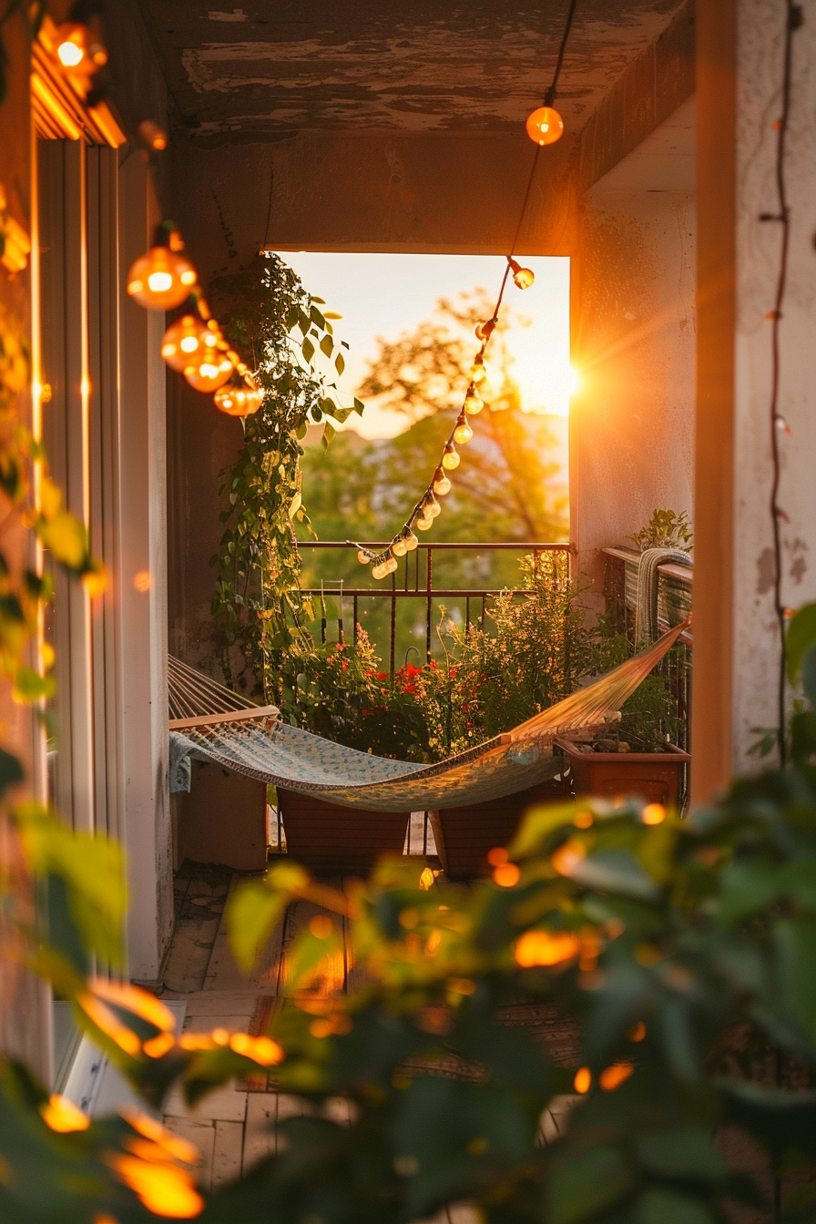Cozy balcony at sunset with a hammock and string lights among green plants.