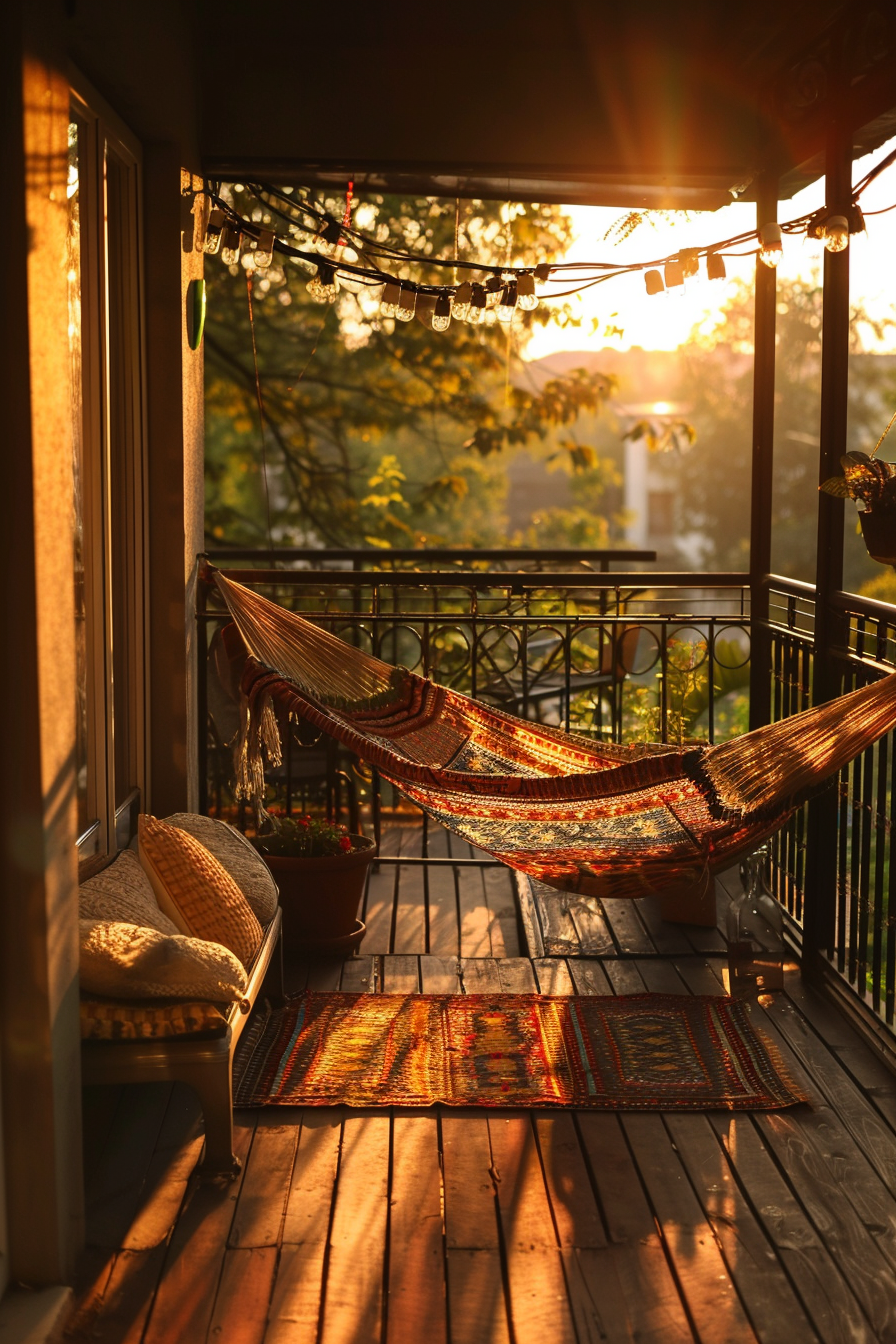Cozy balcony at sunset with a hammock, string lights, cushions, and rugs amidst warm golden light and green foliage background.